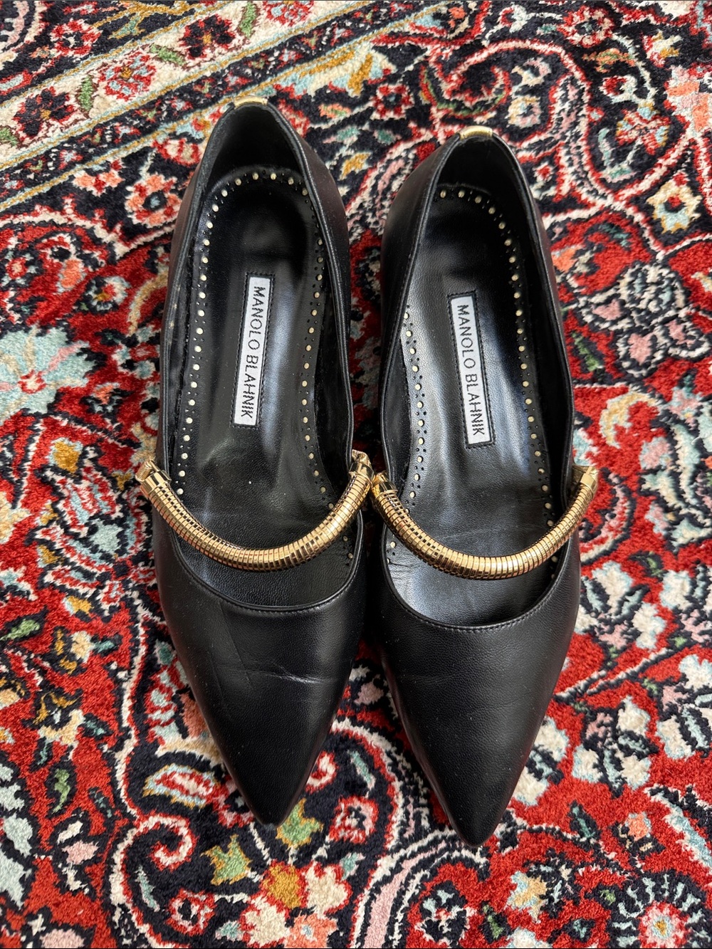 Manolo Blahnik Black Pointed Leather Flats w/Gold Coil Strap